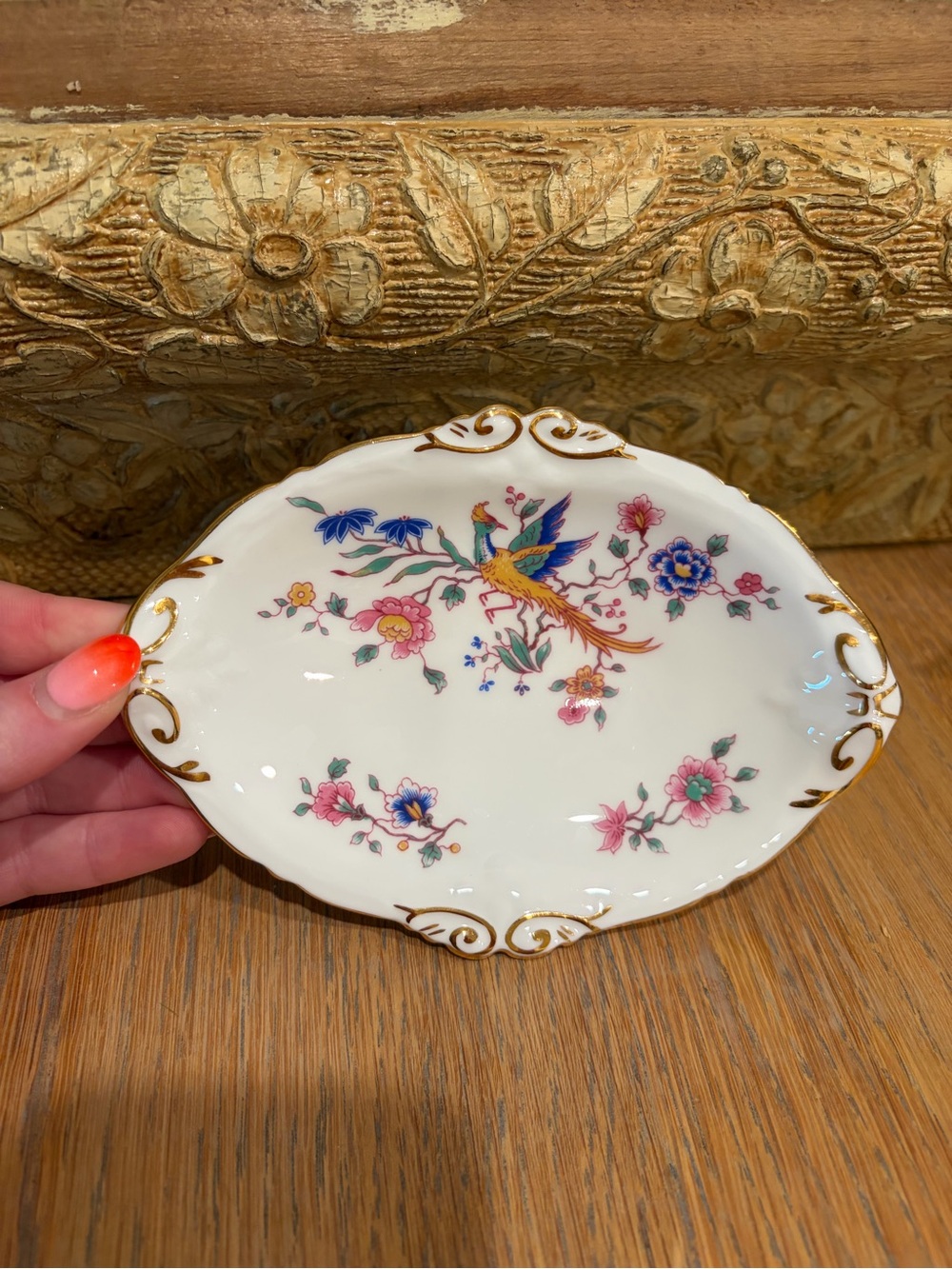 Vintage Hammersley Bone China Bird of Paradise Oval Pin Dish Tray Gilt England